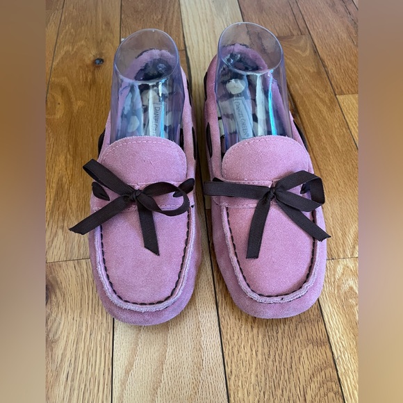 DANIEL GREEN‎ Pink Suede Moccasins Brown Ribbon Hard Sole Slipper Size 7M GUC - Picture 1 of 7
